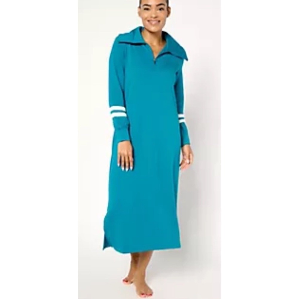 Carole Hochman Fleece Lounger Dress Blue‎ Half Zip House Coat Long Pockets Large
